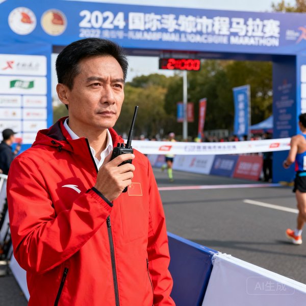 赛事总监张志豪，穿着红色运动夹克，手持对讲机，站在马拉松终点线附近，表情专注而沉稳。
