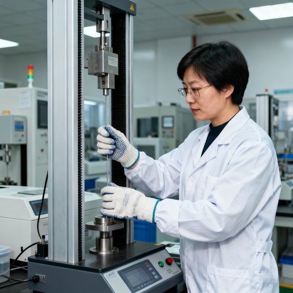 质检主管王敏，身穿白色实验室工作服，戴着防护手套，正在操作拉力测试仪器，背景为各类检测设备。