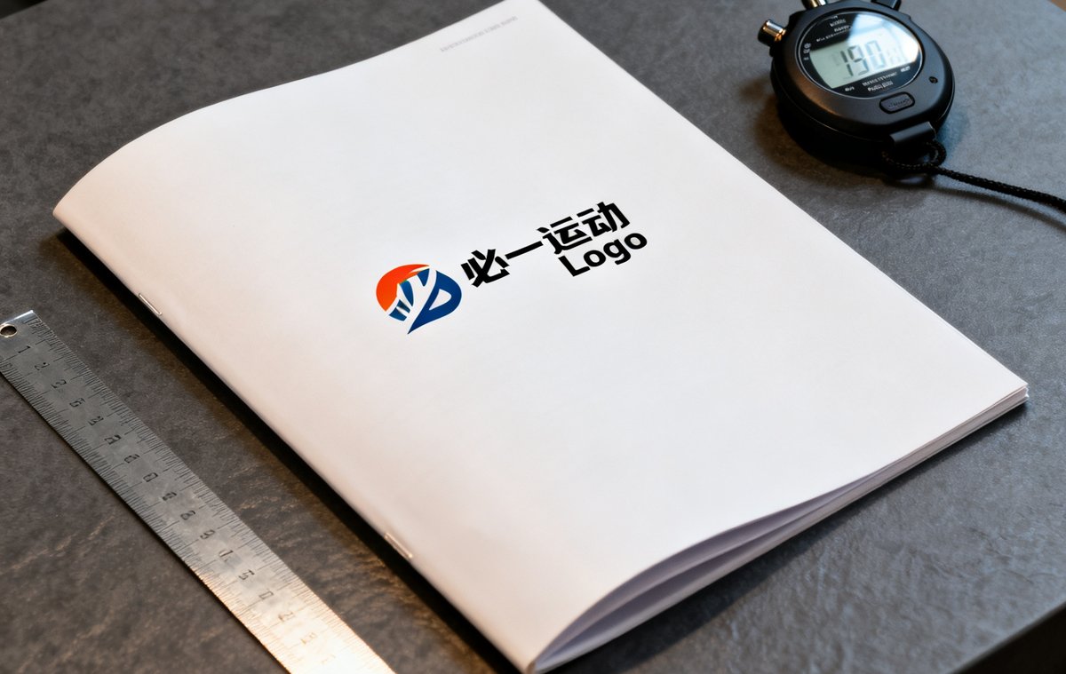 一本翻开的配置指南手册放置在办公桌上，旁边摆放着卷尺和运动秒表，封面上印有必一运动Logo。